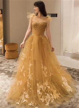 Picture of Yellow Tulle with White Color Lace Long Evening Dresses, Yellow Straps Prom Dress
